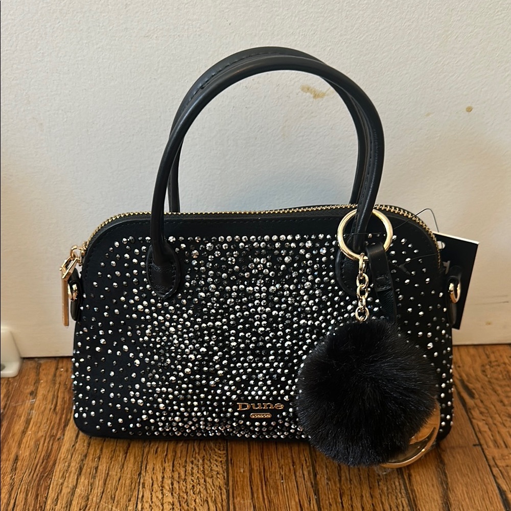 Black Studded mini Dome Satchel with Pom Pom Charm
